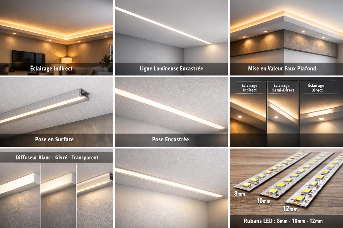 Les différents poses d'un profilé LED au plafond