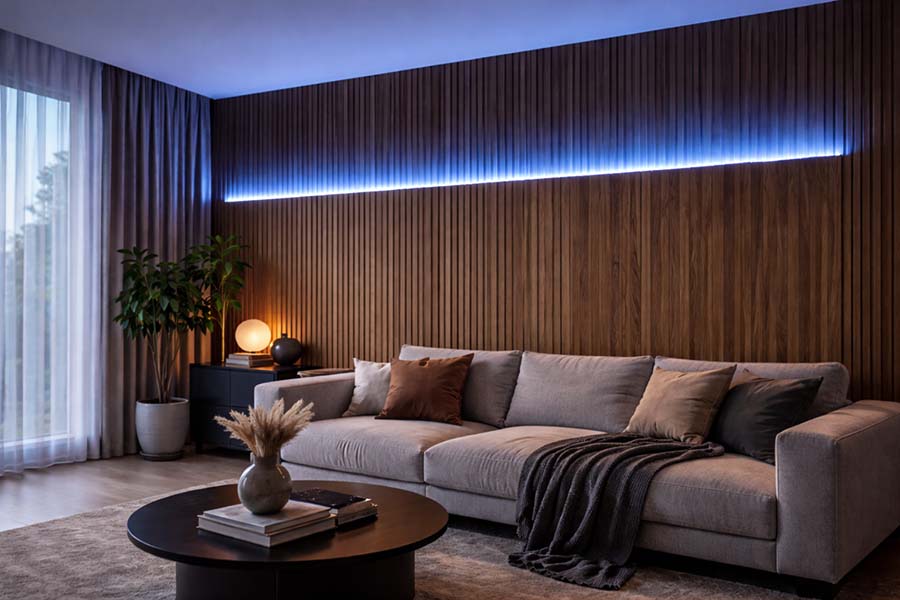 profilé LED mural sur panneau bois décoratif avec lumière bleue