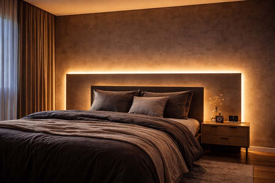 profilé LED derrière une tête de lit avec éclairage blanc chaud