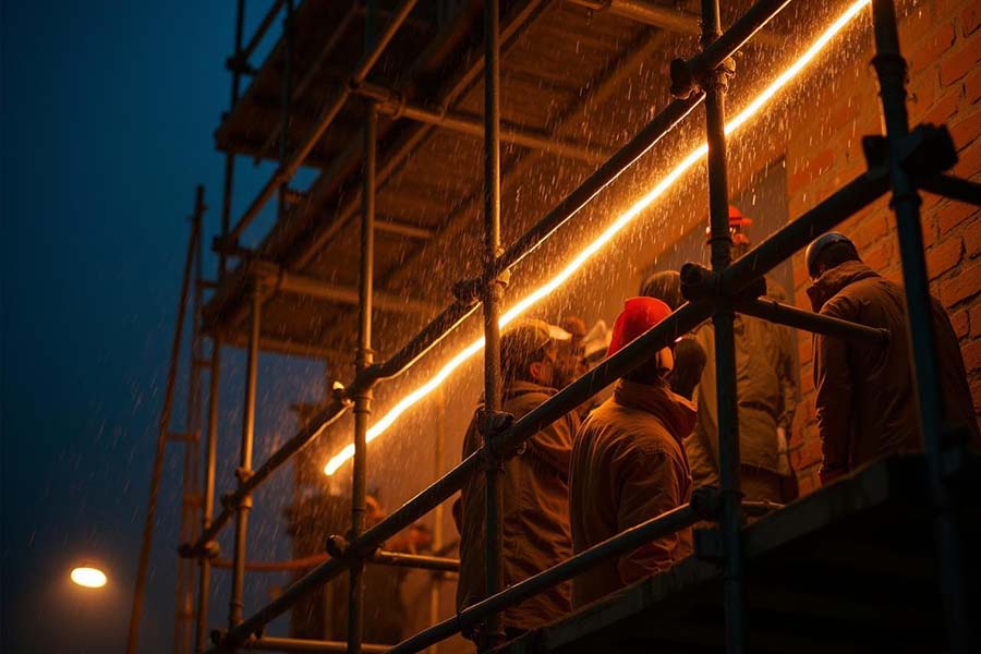 Ruban LED direct 220V dans un échafaudage sur un chantier de construction