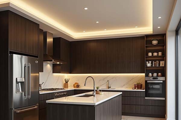 Plafond de cuisine avec un ruban LED dans une corniche